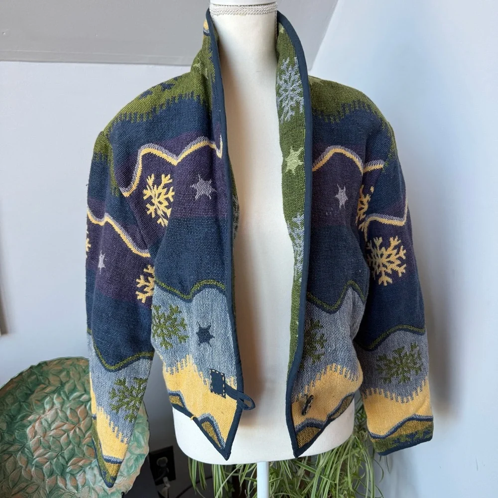 Flashback Vintage Wearable Art Tapestry Jacket Snowflake Winter Blue Green med - Picture 6 of 7
